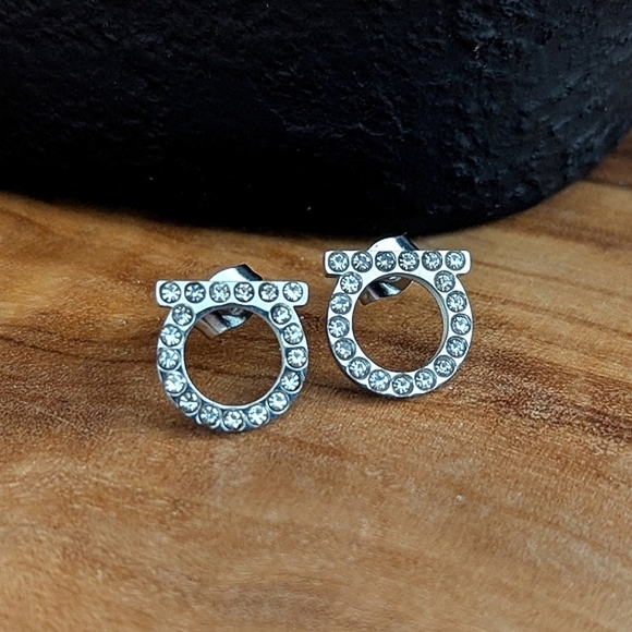 Silver Color Crystal Earrings Designer Style Gancini Glam Luxury Stainless Steel - Picture 1 of 3
